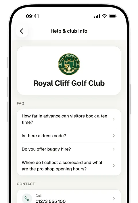 The app's Help & club info screen: the club's crest, its FAQs, and how to reach the pro shop