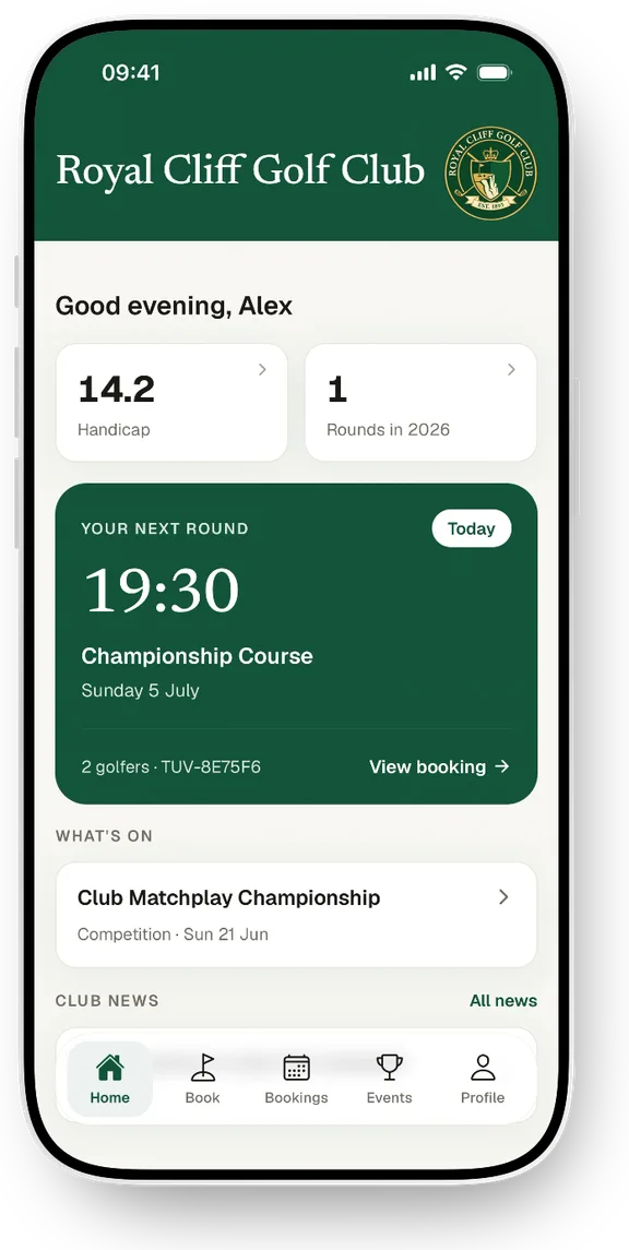 The Royal Cliff Golf Club app's home screen, with the member's next round and what's on at the club